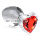 Анальная пробка с красным кристаллом Booty Sparks Heart Gem Glass Anal Plug M, прозрачная - Фото №1