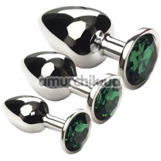 Набор из 3 анальных пробок с зеленым кристаллом SWAROVSKI Silver Emerald, серебряный - Фото №1