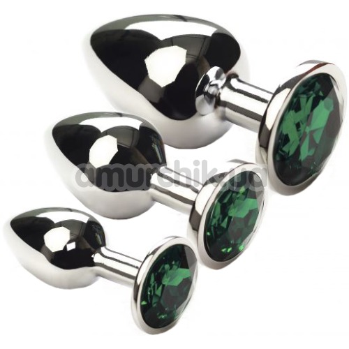 Набор из 3 анальных пробок с зеленым кристаллом SWAROVSKI Silver Emerald, серебряный