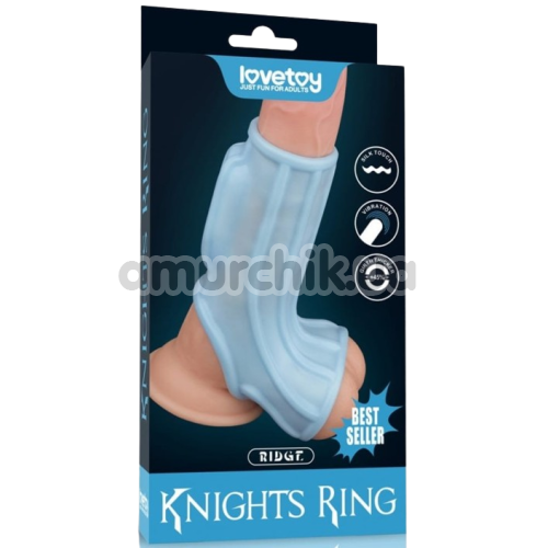 Насадка на пеніс з вібрацією Knights Ring Vibrating Ridge With Scrotum Sleeve, блакитна
