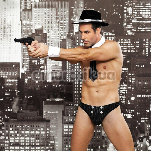 Костюм гангстера JSY Sexy Lingerie 4981, черный: трусы + галстук + манжеты + шляпа + игрушечный пистолет