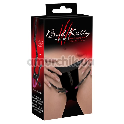 Трусики-стринги с зажимами для половых губ Bad Kitty Naughty Toys Pearl String with Silicone Clamps