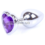 Анальная пробка с фиолетовым кристаллом Exclusivity Jewellery Silver Heart Plug, серебряная - Фото №1
