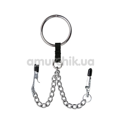 Эрекционное кольцо с зажимами для мошонки Sextreme, серебряное - Фото №1