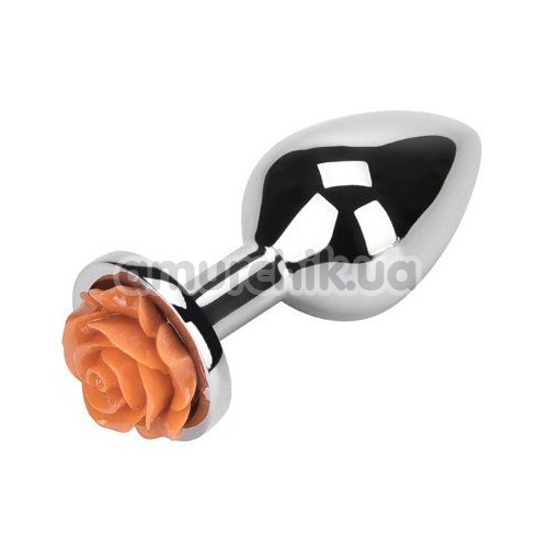 Анальна пробка з помаранчевою трояндочкою Loveshop Flower, срібна - Фото №1