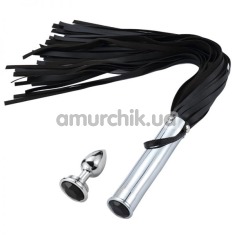 Набір з 2 предметів PU Leather Whip With Anal Plug, чорний - Фото №1
