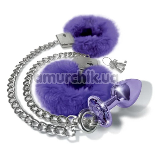 Анальная пробка с наручниками Nixie Metal Butt Plug & Fur Cuff Set, фиолетовая - Фото №1