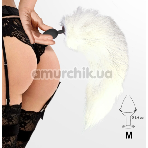 Анальна пробка з білим хвостиком Art Of Sex Silicone Butt Plug White Fox M, чорна