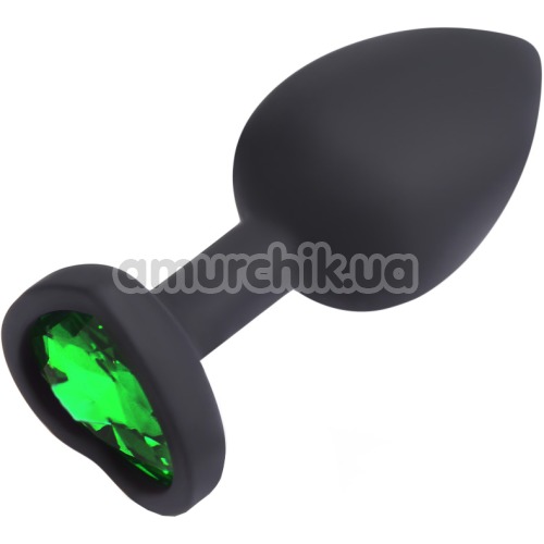 Анальна пробка із зеленим кристалом Silicone Jewelled Butt Plug Heart Small, чорна