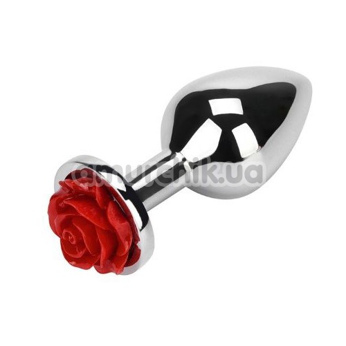 Анальная пробка с красной розочкой Loveshop Flower, серебряная - Фото №1