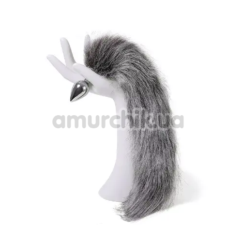 Анальна пробка з довгим сірим хвостом DS Fetish Anal Plug Faux Fur Fox Tail, срібна