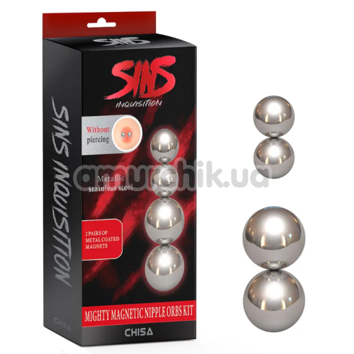 Затискачі для сосків Sins Inquisition Mighty Magnetic Nipple Orbs Kit, срібні