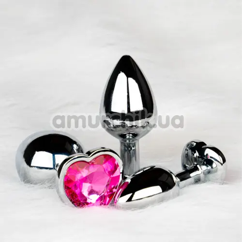 Анальная пробка с розовым кристаллом Ouch! Heart Metal Butt Plug Large, серебряная