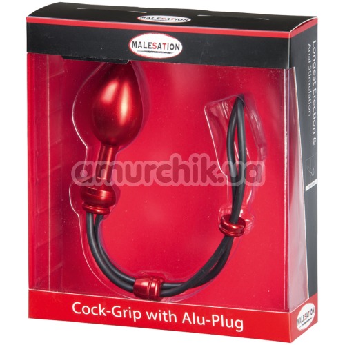 Ерекційне кільце з анальною пробкою Malesation Cock-Grip mit Alu-Plug gross, червоне