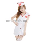 Костюм медсестры Nurse белый: платье с подвязками + трусики-стринги + шапочка - Фото №1