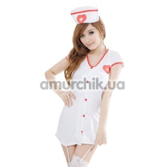 Вбрання медсестри Nurse білий: сукня з підв'язками + трусики-стринги + шапочка - Фото №1