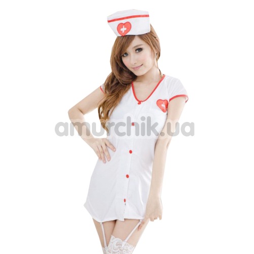Костюм медсестры Nurse белый: платье с подвязками + трусики-стринги + шапочка - Фото №1