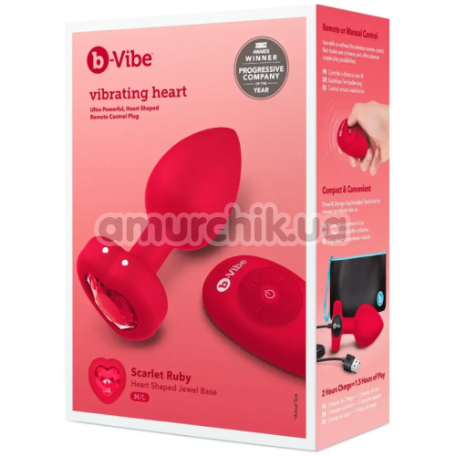 Анальна пробка с вібрацією B-Vibe Vibrating Heart M/L, червона