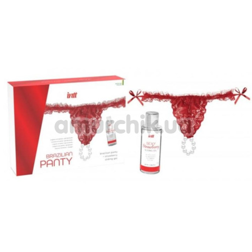 Набір Intt Brazilian Panty: червоні трусики з перлинним кільцем + оральний лубрикант Sexy Strawberry Sliding Gel - полуниця, 50 мл