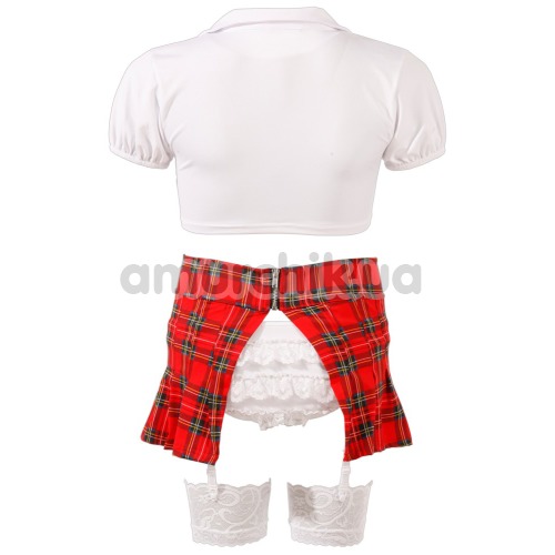 Костюм школьницы Cottelli Collection Costumes 2470365 бело-красный: топ + мини-юбка + трусики + чулки + галстук