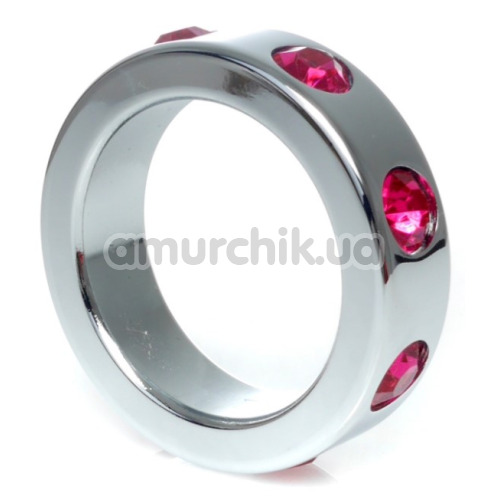 Эрекционное кольцо с розовыми кристаллами Boss Series Metal Ring Diamonds Medium, серебряное - Фото №1