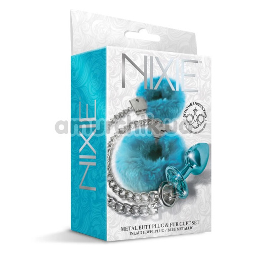 Анальная пробка с наручниками Nixie Metal Butt Plug & Fur Cuff Set, голубая