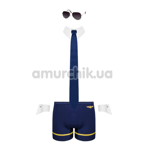 Костюм пилота Obsessive Pilotman, синий: трусы-боксеры + манжеты + воротник с гастуком + очки