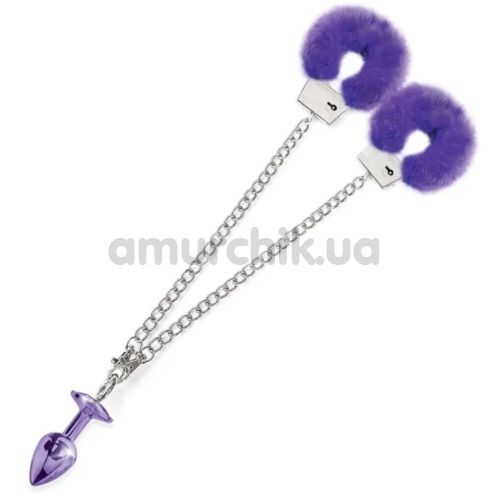 Анальная пробка с наручниками Nixie Metal Butt Plug & Fur Cuff Set, фиолетовая