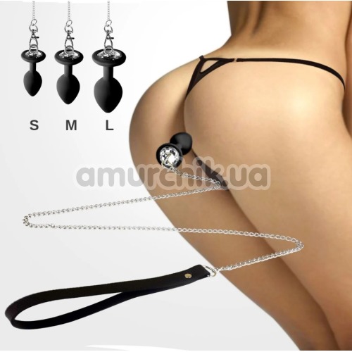 Анальная пробка с прозрачным кристаллом и поводком Art Of Sex Silicone Anal Plug with Leash L, черная