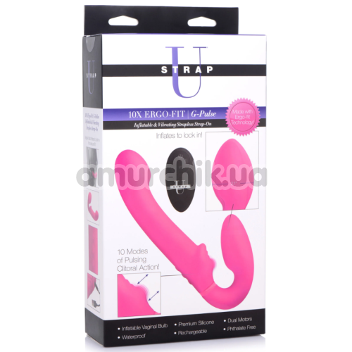 Безремневой страпон с вибрацией и пульсацией UStrap 10X Ergo-Fit Twist, розовый