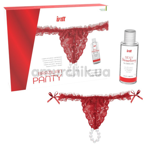 Набір Intt Brazilian Panty: червоні трусики з перлинним кільцем + оральний лубрикант Sexy Strawberry Sliding Gel - полуниця, 50 мл