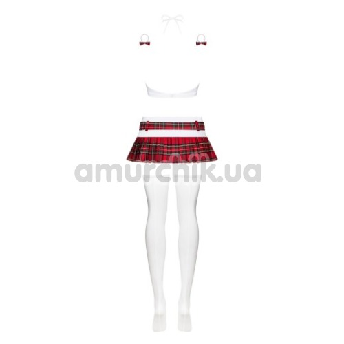 Костюм школьницы Obsessive Schooly бордовый: топ + юбка + стринги + чулки + резинки для волос