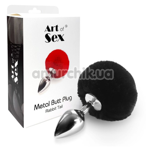 Анальная пробка с черным хвостиком Art Of Sex Metal Butt Plug Rabbit Tail M, серебряная