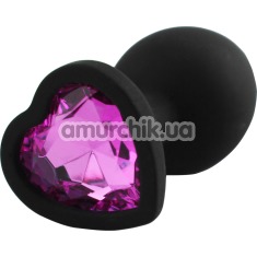 Анальная пробка с розовым кристаллом Silicone Jewelled Butt Plug Heart Small, черная - Фото №1