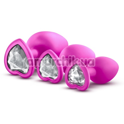 Набор анальных пробок с прозрачными кристаллами в виде сердечек Luxe Bling Plugs Trainer Kit, розовый - Фото №1