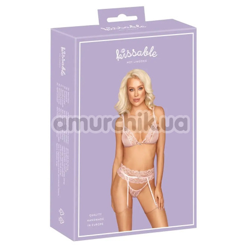 Комплект Kissable Lace Lingerie Set, розовый: бюстгальтер + трусики-стринги + пояс для чулок