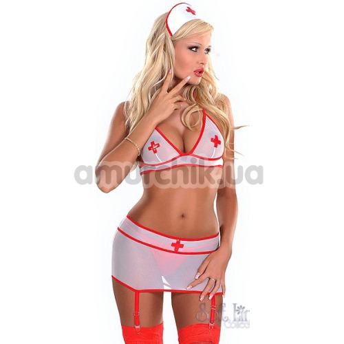Костюм медсестры Sharon белый: бюстгальтер + мини-юбка с подвязками+ чепчик