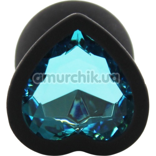 Анальна пробка з блакитним кристалом Silicone Jewelled Butt Plug Heart Small, чорна