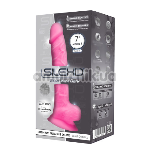 Фалоімітатор Silexd Premium Silicone Dildo Model 1 Size 7, світиться в темряві рожевий