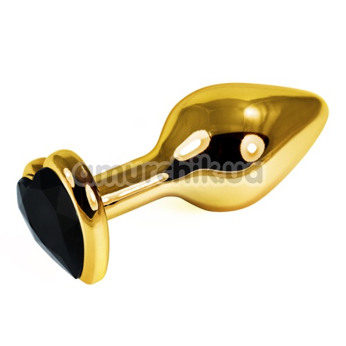 Анальная пробка с черным кристаллом Gold Heart Plug, золотая - Фото №1