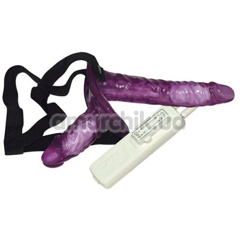 Подвійний страпон з вібрацією Vibrating Strap On Duo, фіолетовий - Фото №1