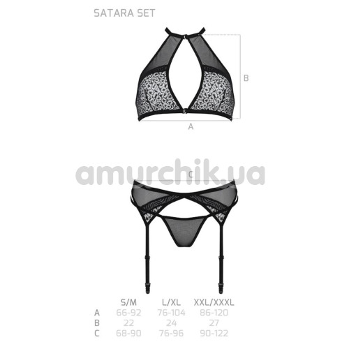 Комплект Passion Free Your Senses Erotic Line Satara Set, черно-красный: бюстгальтер + трусики + пояс для чулок