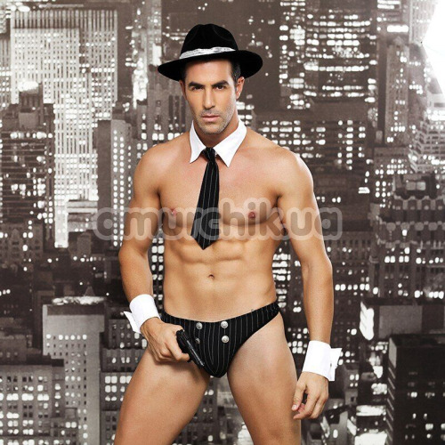 Костюм гангстера JSY Sexy Lingerie 4981, чорний: труси + краватка + манжети + капелюх + іграшковий пістолет