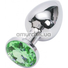 Анальная пробка с зеленым кристаллом, 7.5 см гладкая серебряная - Фото №1