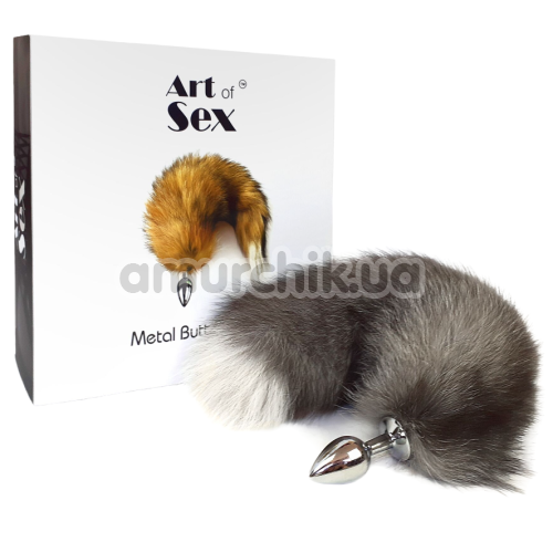 Анальная пробка с серым хвостиком Art Of Sex Metal Butt Plug Artctic Fox M, серебряная