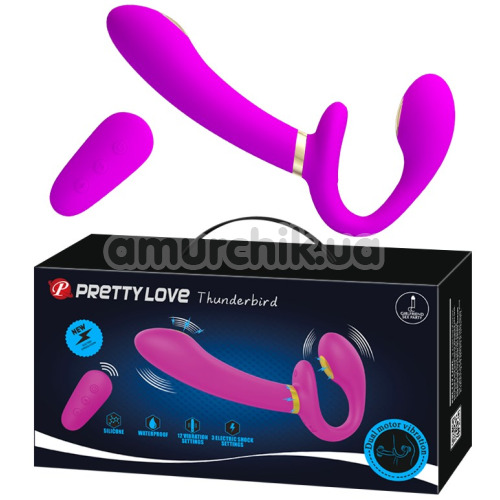 Безремневой страпон с вибрацией и электростимуляцией Pretty Love Thunderbird, фиолетовый
