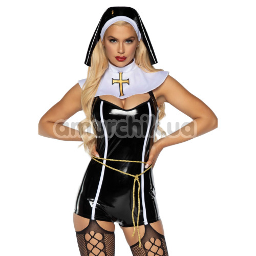 Костюм монахини Leg Avenue Sinful Sister черный: комбинезон + пояс + воротник + накидка на голову