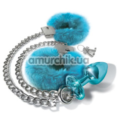 Анальна пробка з наручниками Nixie Metal Butt Plug & Fur Cuff Set, блакитна - Фото №1