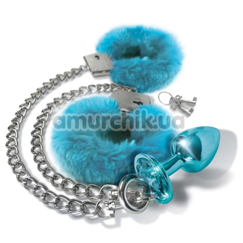 Анальна пробка з наручниками Nixie Metal Butt Plug & Fur Cuff Set, блакитна - Фото №1