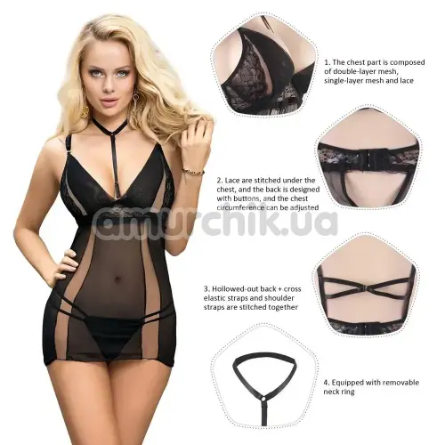 Комплект Star Night Nightgown Sheer Mesh Babydoll, чорний: пеньюар + трусики-стрінги